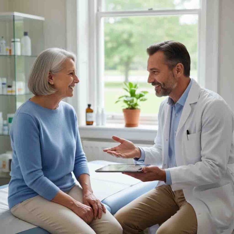 An senior person having a friendly conversation with their doctor in a clinic, discussing health concerns.