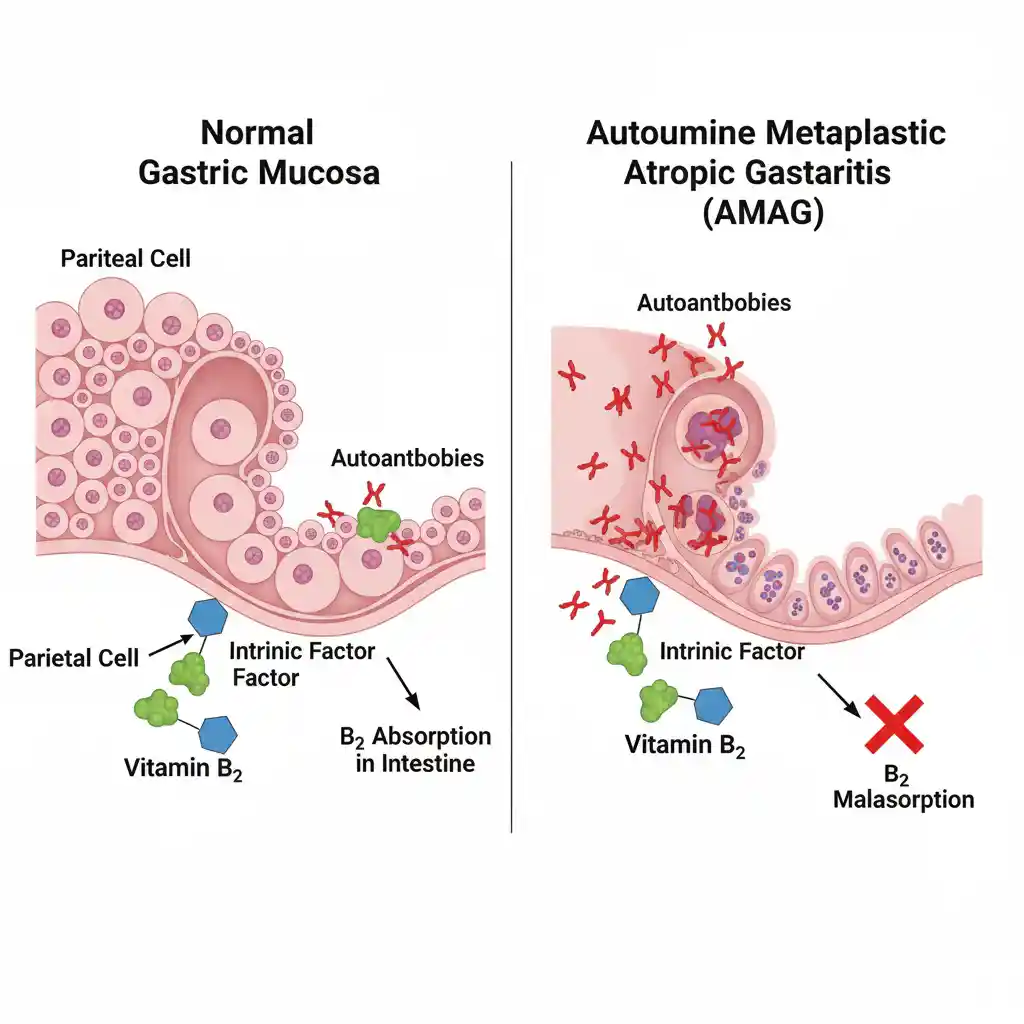 Pathophysiology of Autoimmune Gastritis: Autoantibodies attacking parietal cells leading to Vitamin B12 deficiency.