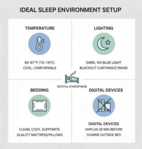 Sleep environment setup guide with ideal bedroom conditions for quality rest