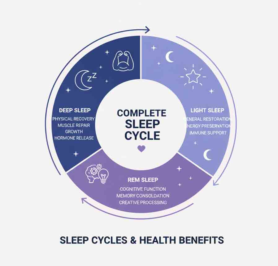 Sleep cycle infographic showing different sleep stages and their health benefits