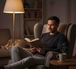 Man relaxing before bed by reading a physical book