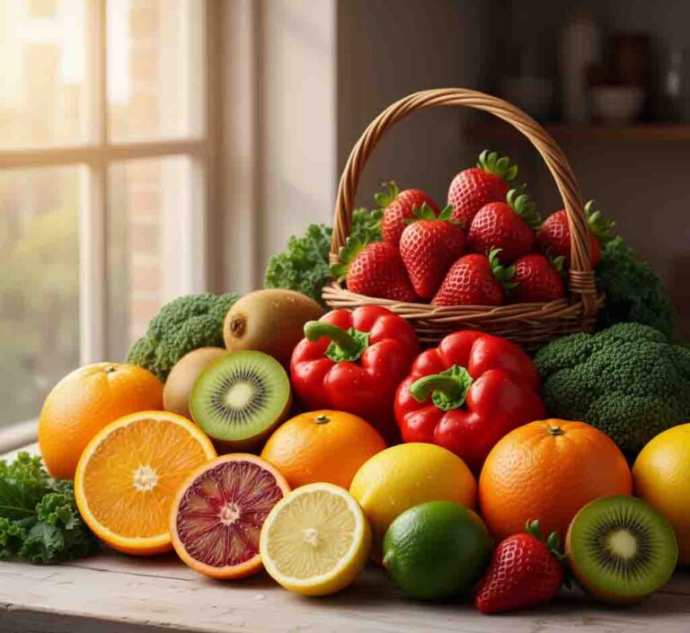 Colorful collection of vitamin C rich foods including citrus fruits, bell peppers, kiwi and broccoli
