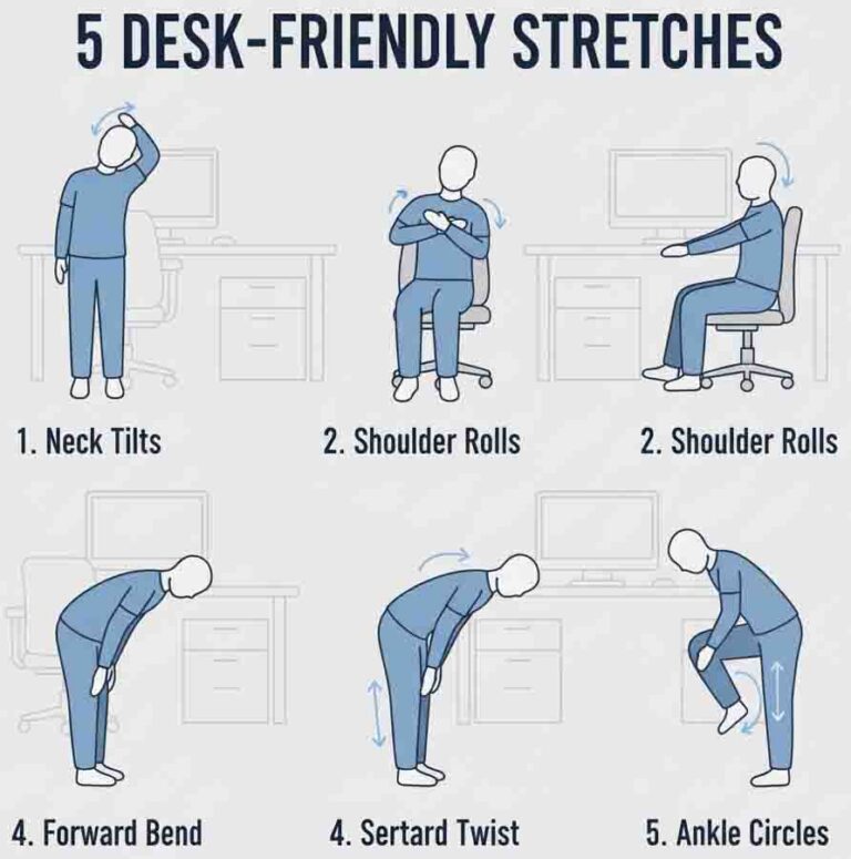 Proper stretching postures diagram for office workers with movement guidance