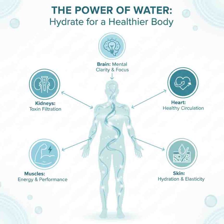 Body hydration infographic showing how water supports different body systems and functions