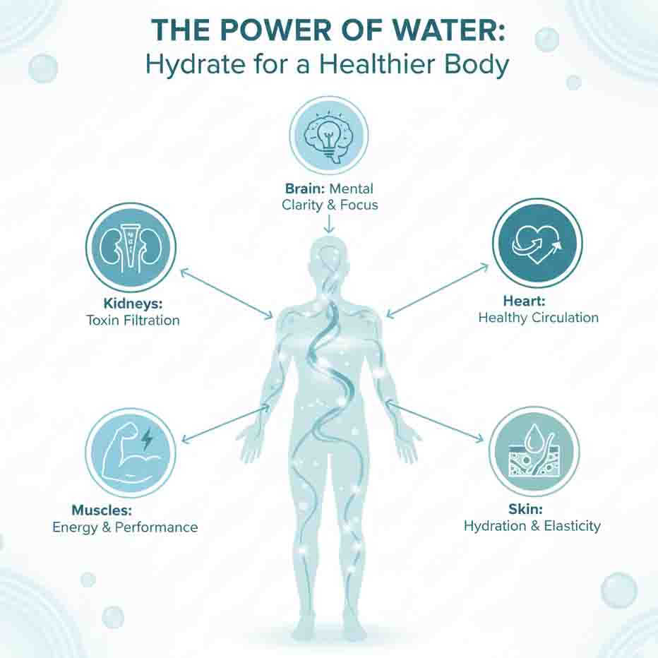 Body hydration infographic showing how water supports different body systems and functions