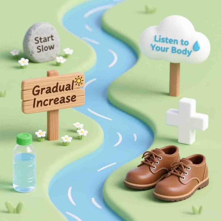 Safety guide for walking exercise showing gradual progression and consultation reminder