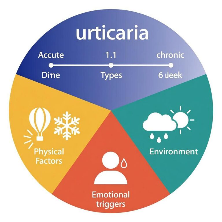 Urticaria classification diagram showing acute/chronic types and common triggers like temperature, stress