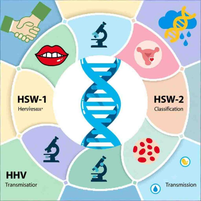 Herpes virus classification diagram showing 8 HHV types and transmission routes like contact and airborne