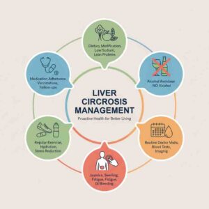 Liver cirrhosis management infographic with diet, monitoring and lifestyle recommendations