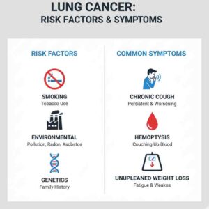 Lung cancer risk factors and common symptoms educational infographic