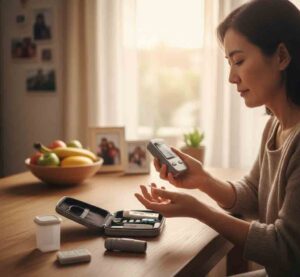Woman monitoring diabetes blood sugar level with glucometer at home

