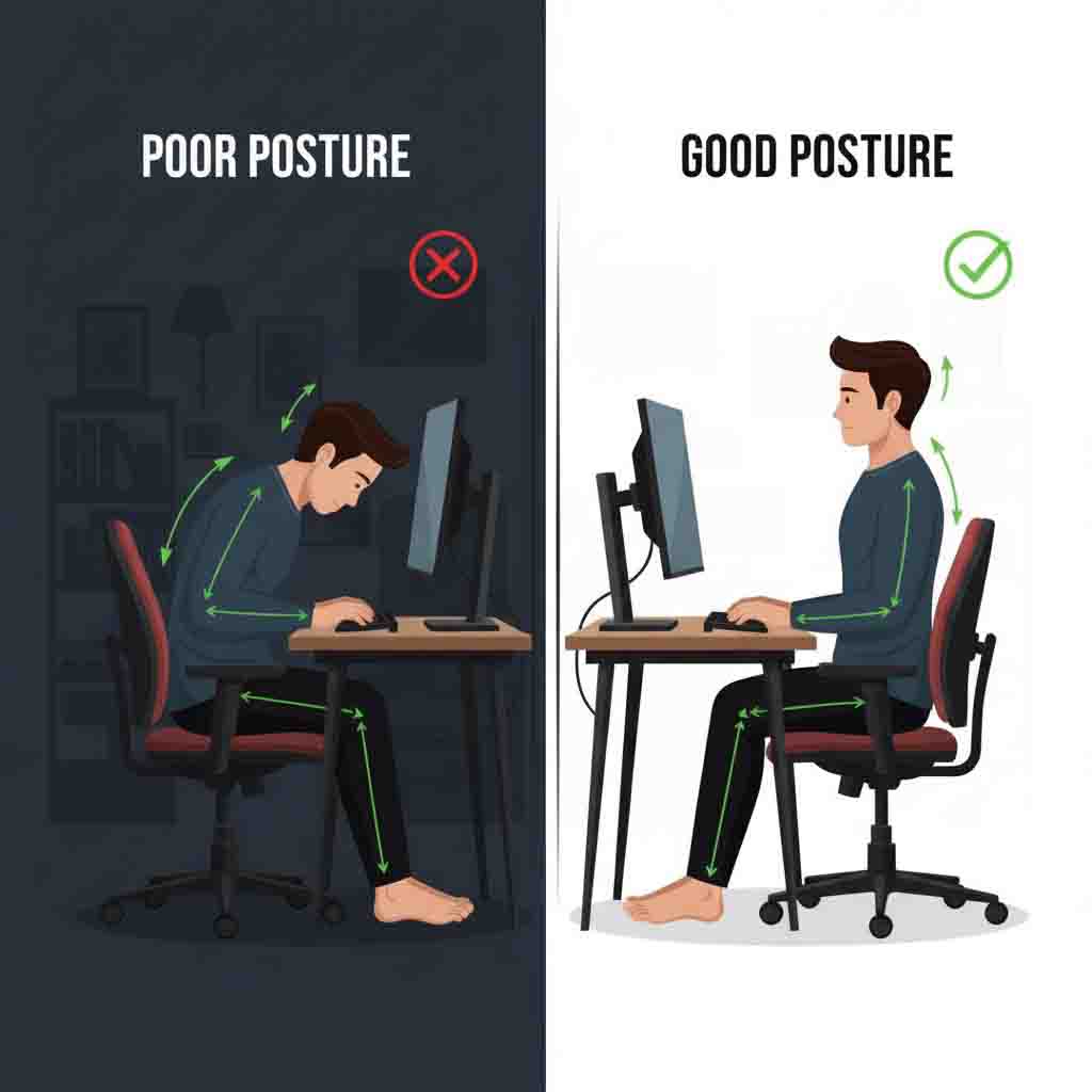 A person demonstrating poor posture while sitting at a desk (slouching) versus good posture (sitting upright with shoulders back) in a split-screen image.