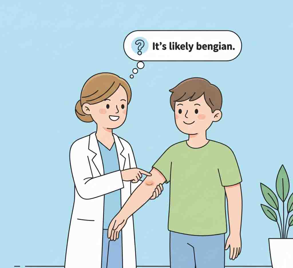 A cartoon person consulting with a friendly doctor about a small lump, with both characters showing calm, positive expressions.