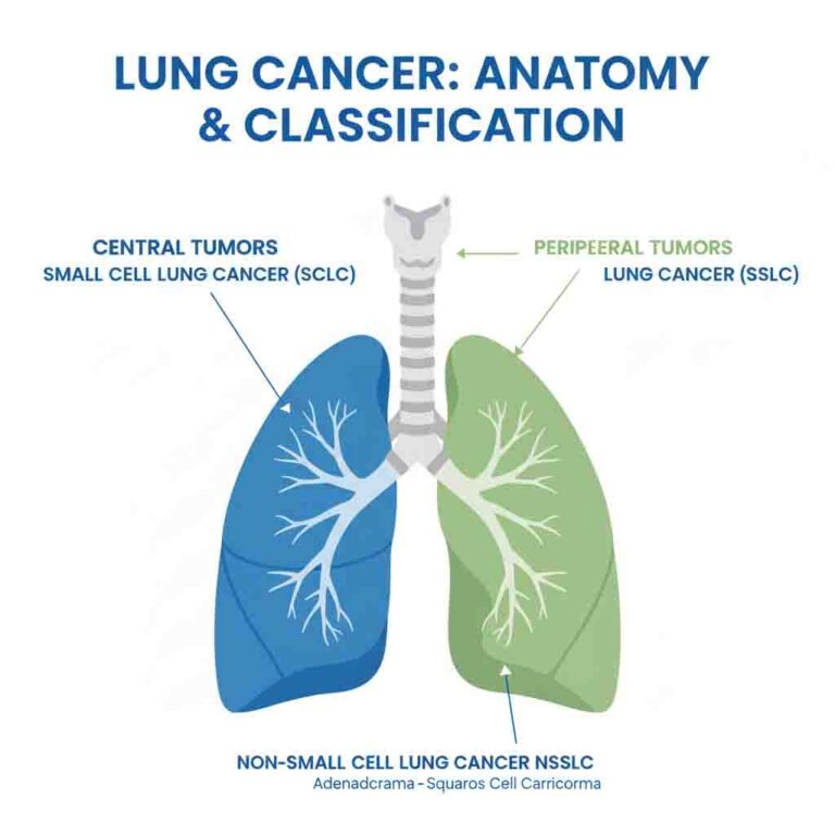 Lung anatomy diagram showing central and peripheral lung cancer locations and types