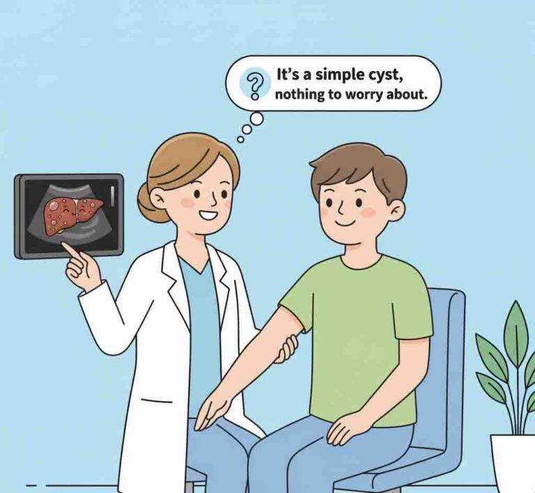 A cartoon doctor showing a liver ultrasound image to a relaxed patient, both with reassuring expressions.