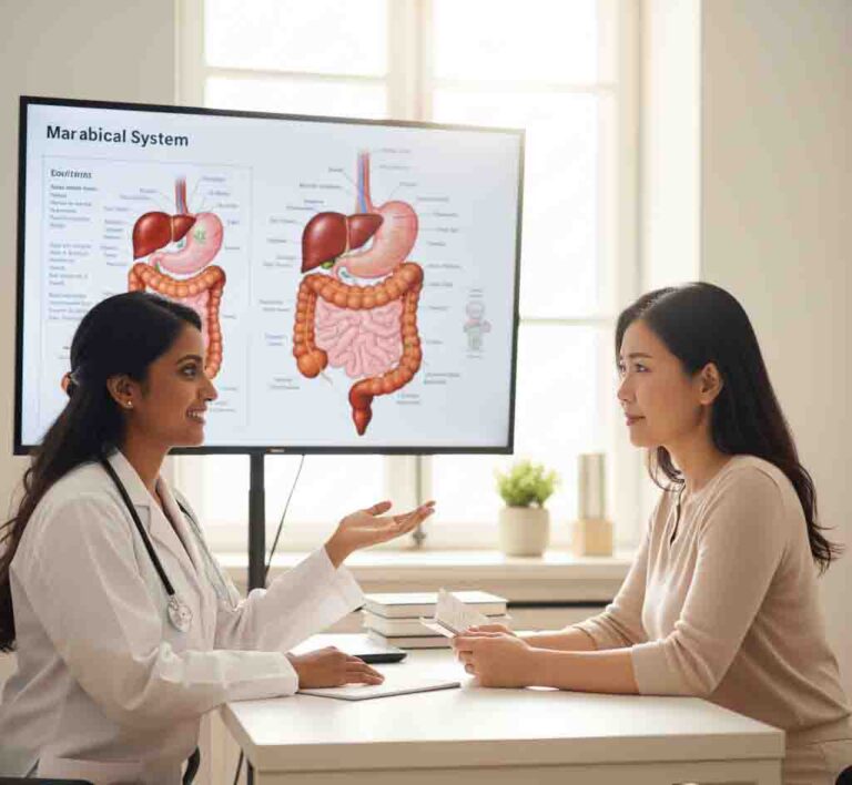 A positive and calm consultation scene between a doctor and a patient in a clinic, with a diagram of the digestive system in the background