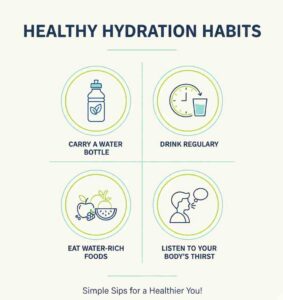 Body hydration infographic showing how water supports different body systems and functions
