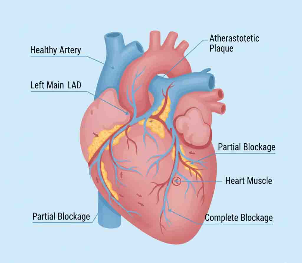 Coronary artery blockage diagram showing atherosclerotic plaque buildup and restricted blood flow