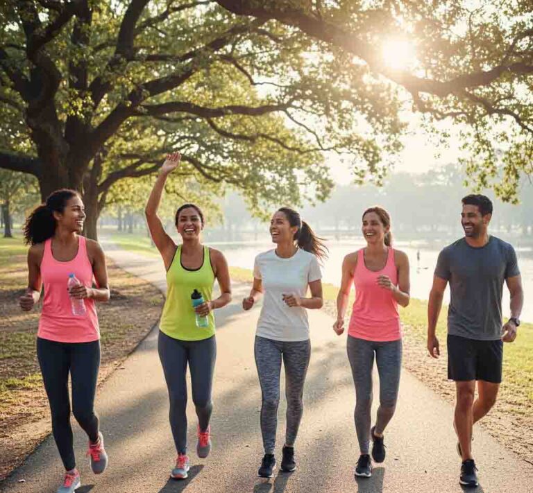 A diverse group of people finishing a brisk walk or jog in a park, smiling and looking energized, not exhausted.