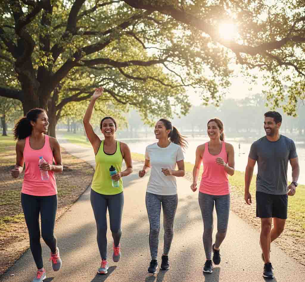 A diverse group of people finishing a brisk walk or jog in a park, smiling and looking energized, not exhausted.