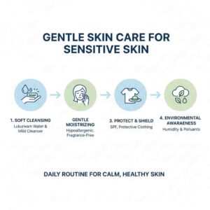 Gentle skin care routine infographic for sensitive skin with cleansing and moisturizing steps