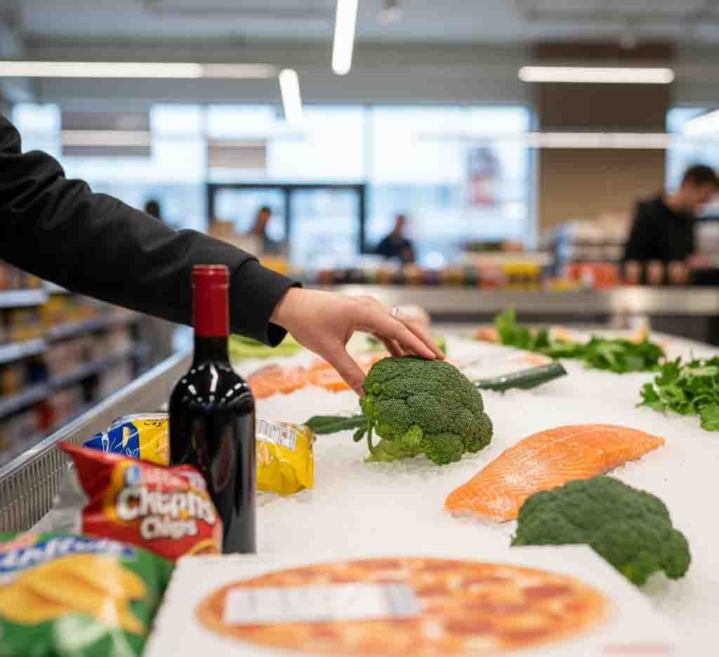 A person choosing healthy food like vegetables and fish over processed foods and alcohol