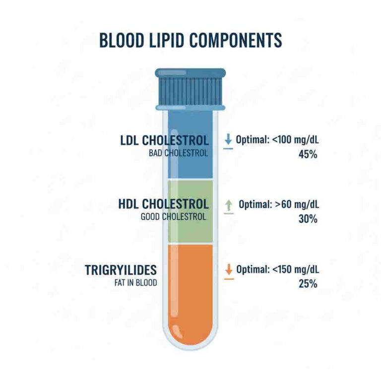 Blood lipid components diagram showing LDL, HDL cholesterol and triglycerides levels