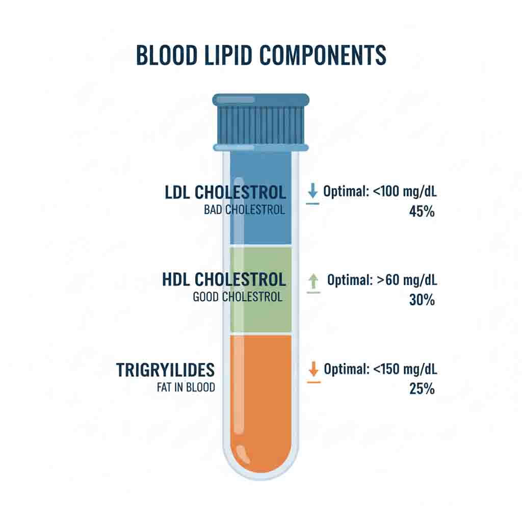 Blood lipid components diagram showing LDL, HDL cholesterol and triglycerides levels