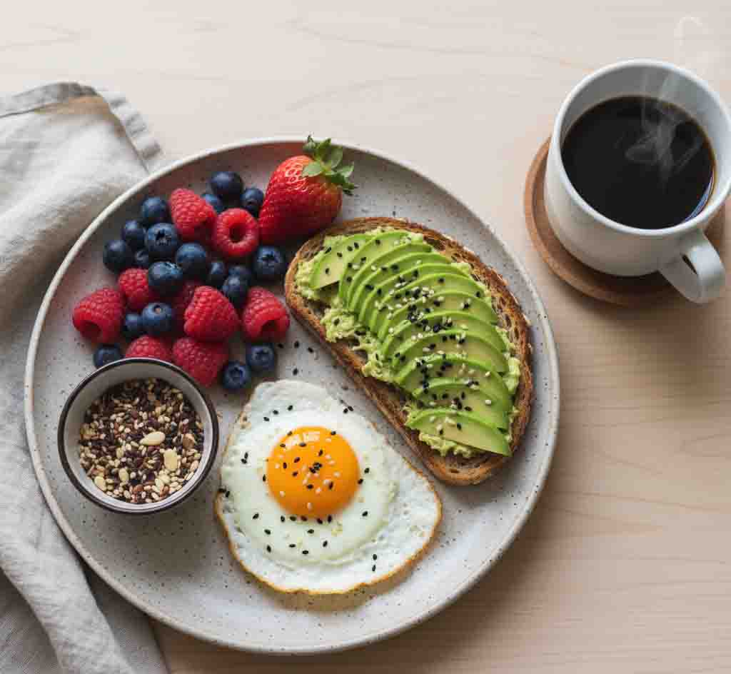 A vibrant, overhead shot of a balanced breakfast plate featuring whole-grain toast, avocado, eggs, and fresh berries, next to a cup of coffee.
