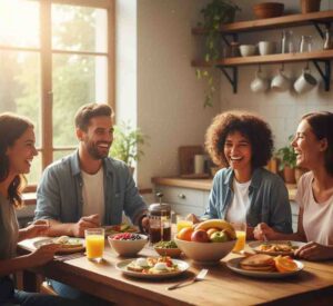 A diverse group of healthy, energetic people smiling and engaging in conversation at a sunny kitchen table over their morning meals.