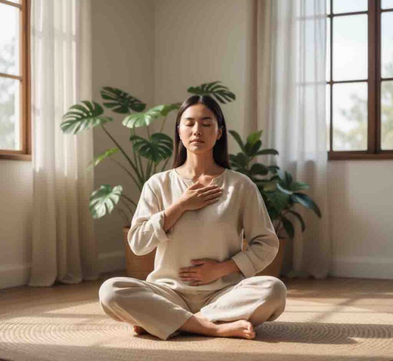 A person sitting comfortably in a calm, neutral environment (like a park or quiet room), practicing deep breathing with one hand on their chest and the other on their belly.