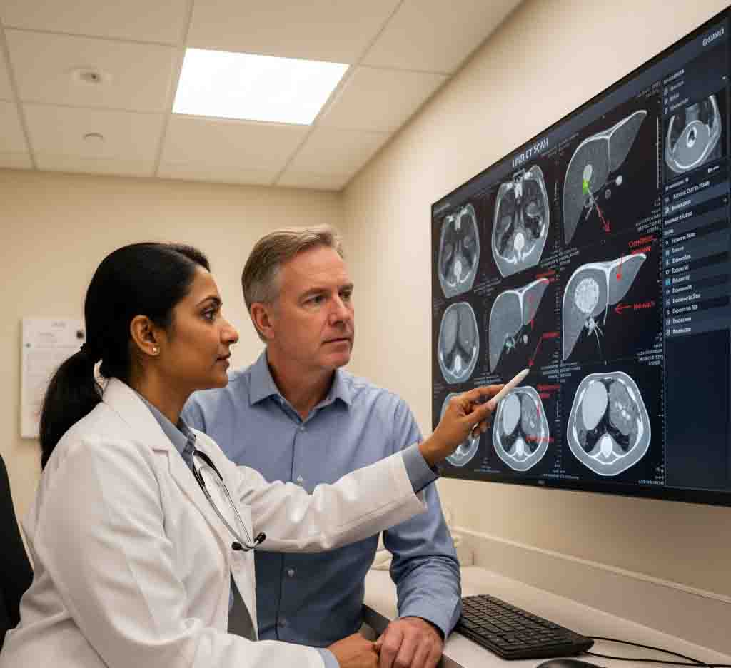 A doctor in a clinic, reviewing a liver imaging scan (like an ultrasound or CT) on a monitor with a patient.