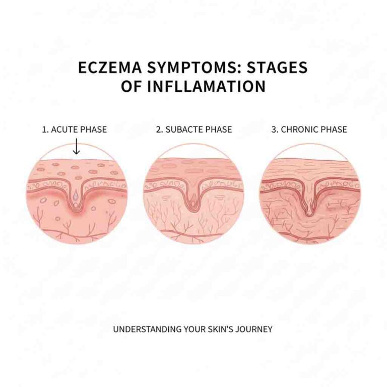 Eczema symptoms illustration showing acute, subacute and chronic stages with skin texture changes