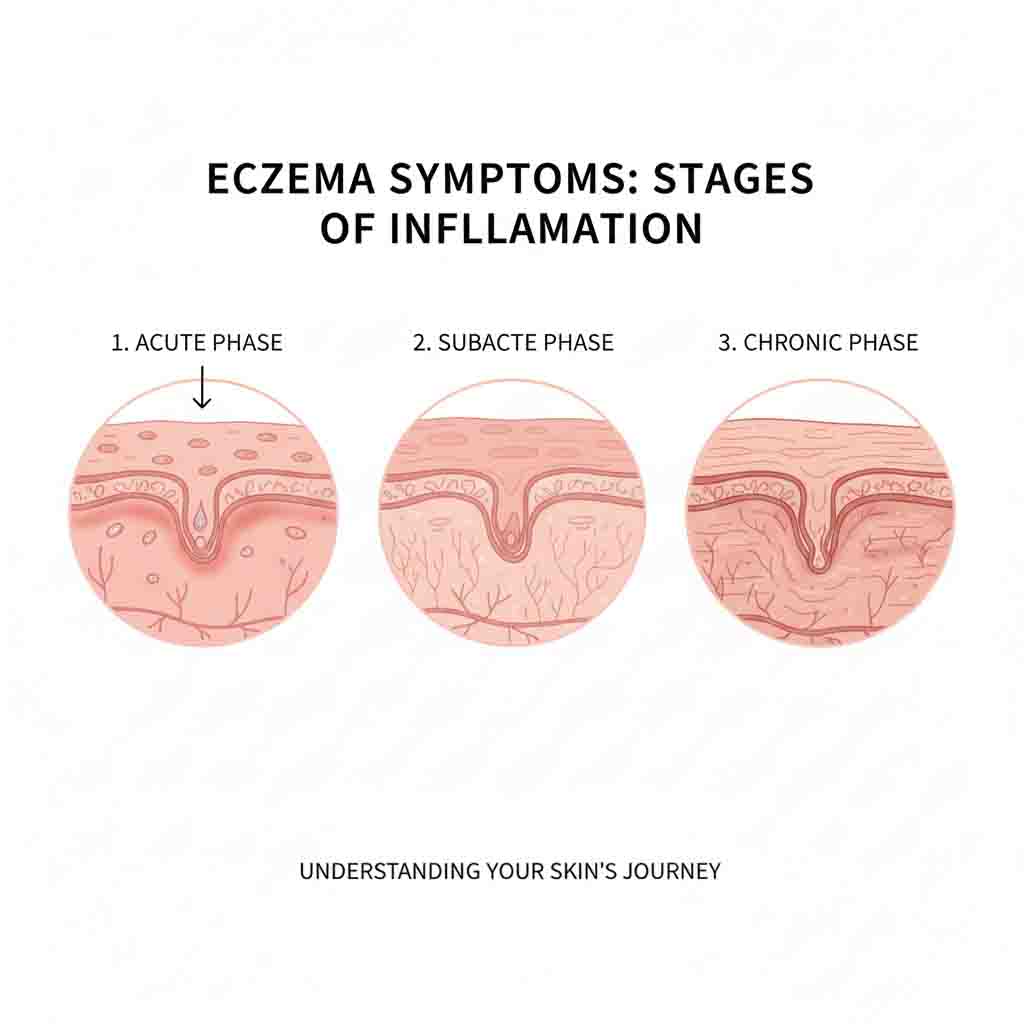 Eczema symptoms illustration showing acute, subacute and chronic stages with skin texture changes