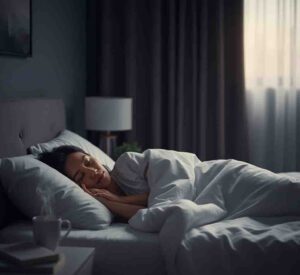 A person sleeping peacefully and deeply in a comfortably dark bedroom, symbolizing improved sleep quality.