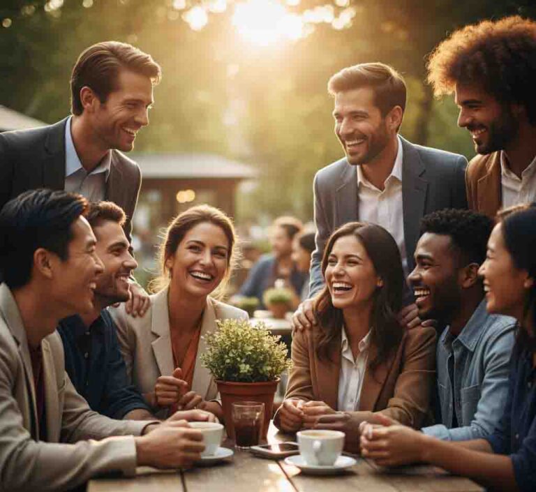 A diverse group of people from different backgrounds sharing genuine, warm smiles in a casual social setting.