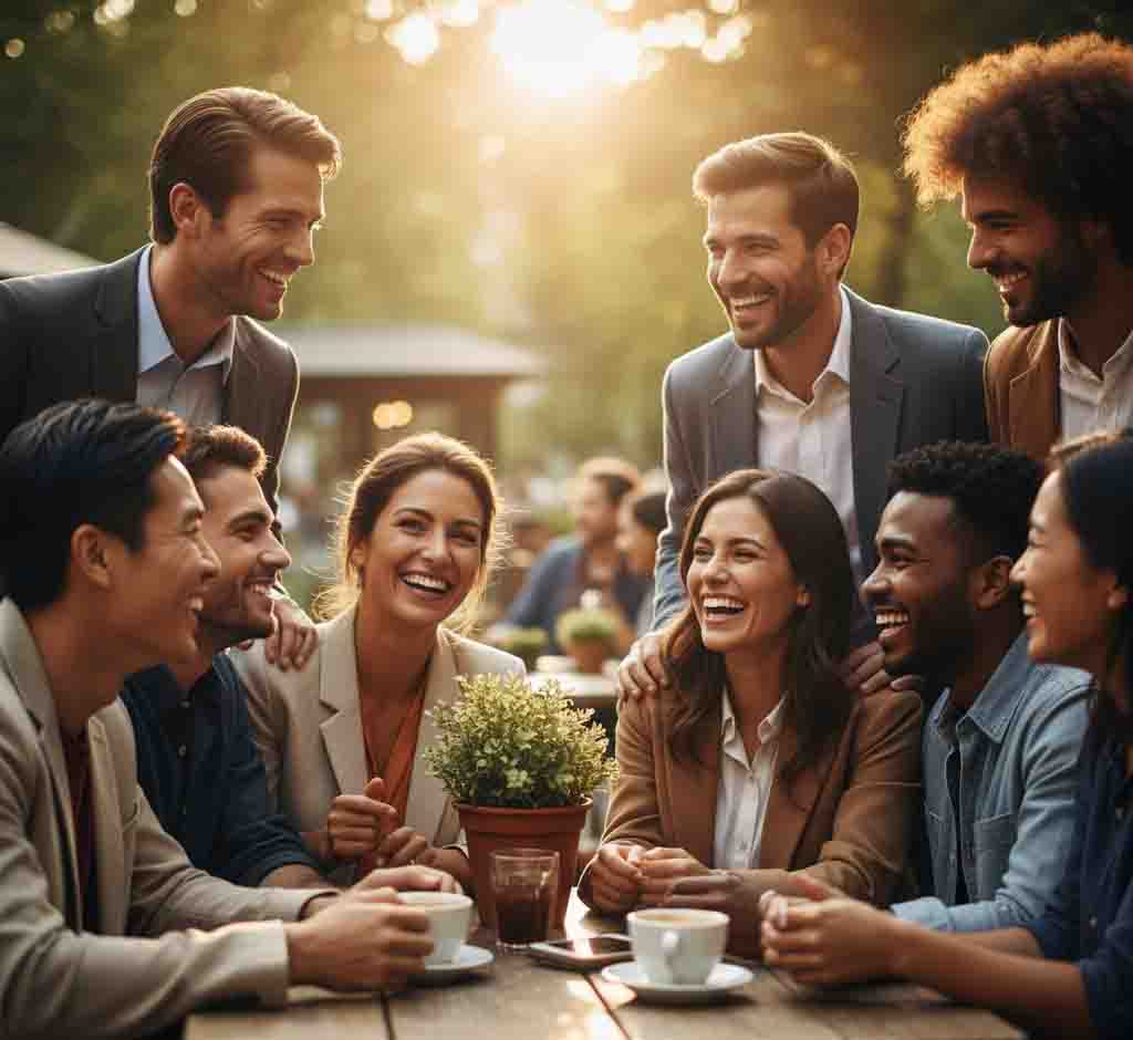 A diverse group of people from different backgrounds sharing genuine, warm smiles in a casual social setting.