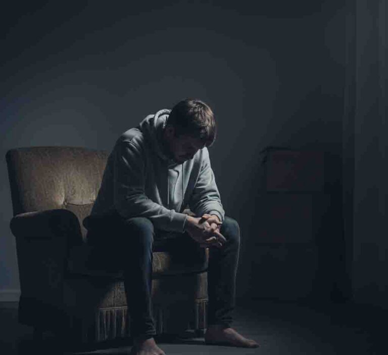 A person sitting alone, looking downcast, with a muted and dark background to symbolize feelings of isolation and sadness.