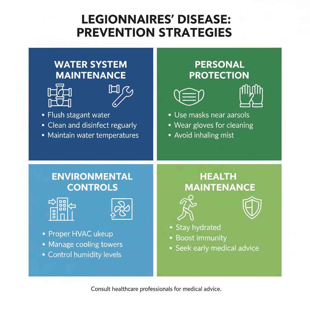 Legionnaires disease prevention measures infographic with maintenance and protection tips