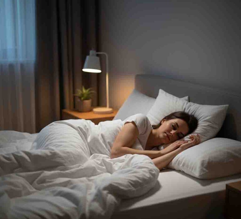 Woman sleeping soundly in a dark and comfortable bedroom