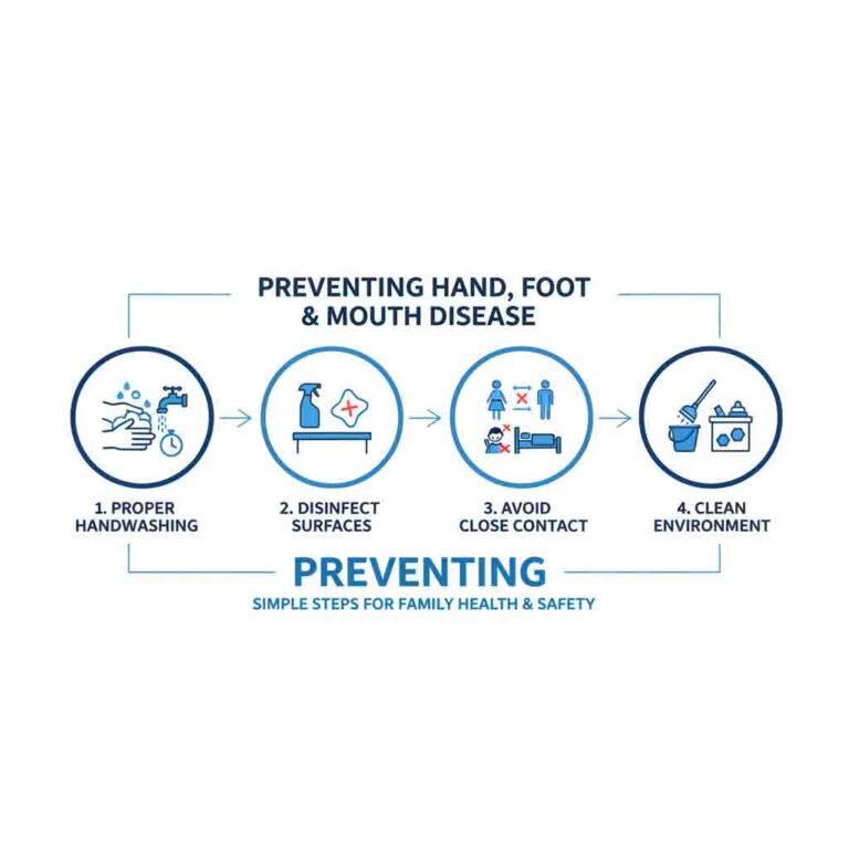 HFMD prevention measures infographic showing handwashing, disinfection and isolation practices