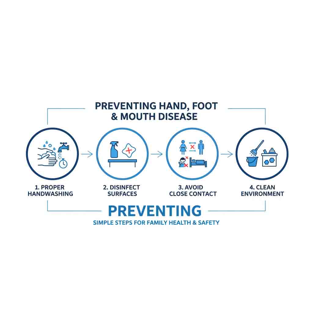 HFMD prevention measures infographic showing handwashing, disinfection and isolation practices