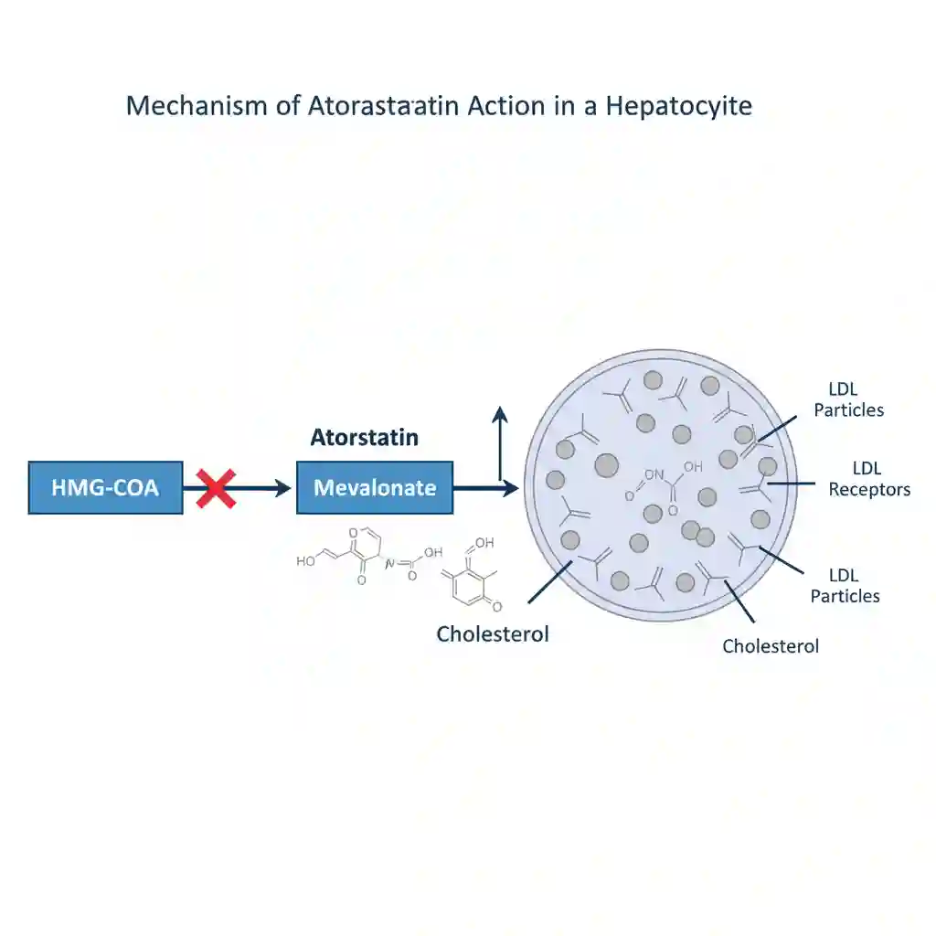 Mechanism of action of Atorvastatin inhibiting HMG-CoA reductase and upregulating LDL receptors.