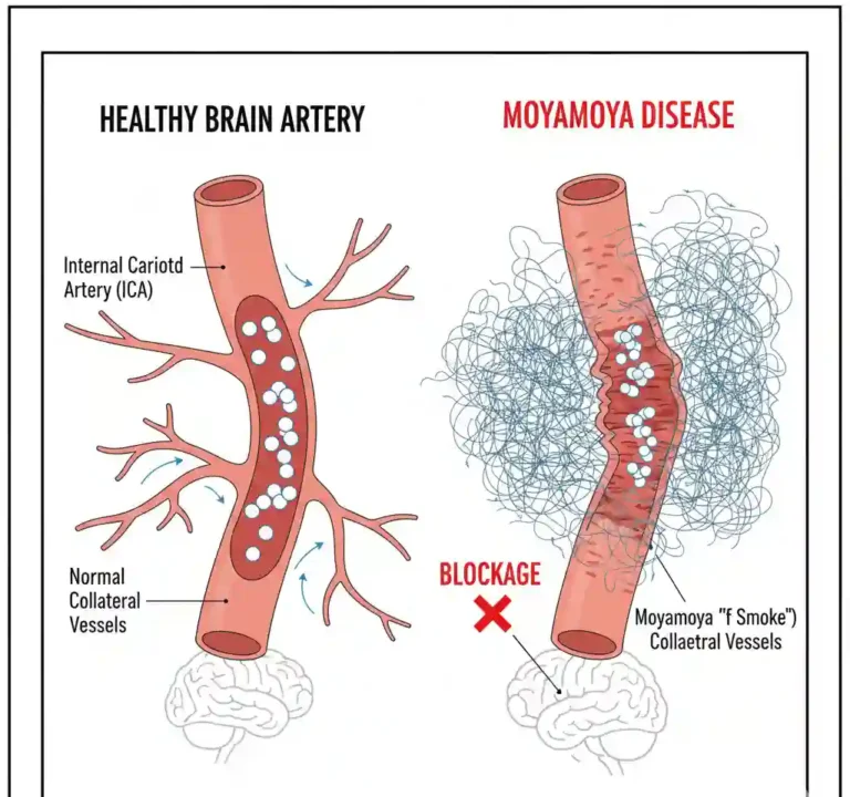 A simplified cartoon comparing a healthy brain artery with a narrowed one in Moyamoya disease, showing the characteristic "puff of smoke" collateral vessels.