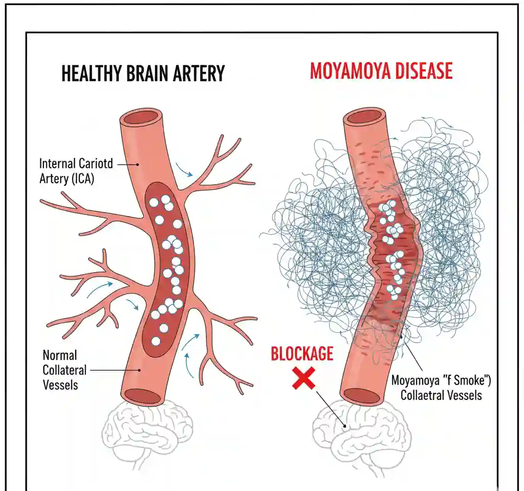 A simplified cartoon comparing a healthy brain artery with a narrowed one in Moyamoya disease, showing the characteristic "puff of smoke" collateral vessels.