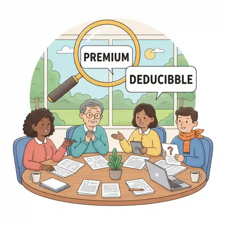 A friendly cartoon illustration showing a diverse group of people reviewing health insurance documents together at a table, with a magnifying glass hovering over key terms like "premium" and "deductible".