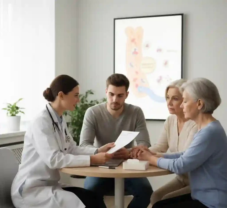 A compassionate scene of a doctor explaining a diagnostic report to a patient and a family member in a clinic, with a diagram of blood cells in the background.