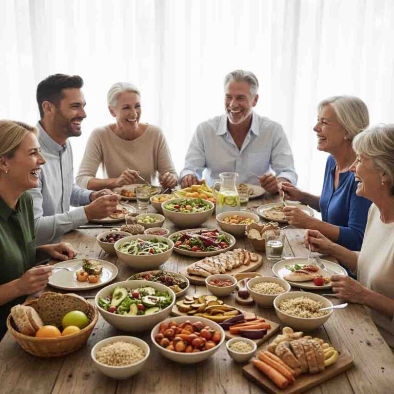 A diverse group of healthy people enjoying a meal together at a table filled with various nutritious food options.