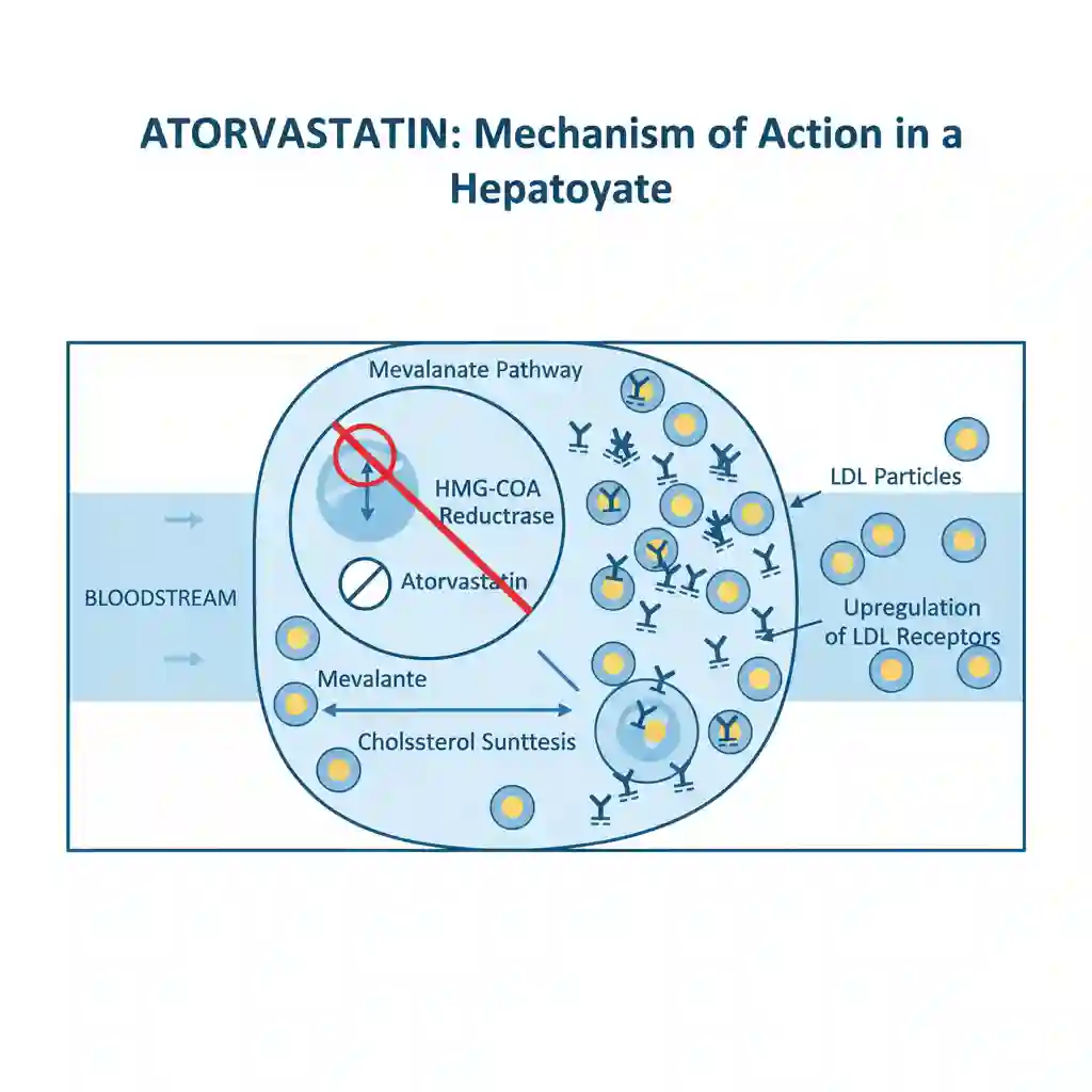 Pharmacological diagram illustrating Atorvastatin inhibiting HMG-CoA reductase and upregulating hepatic LDL receptors.