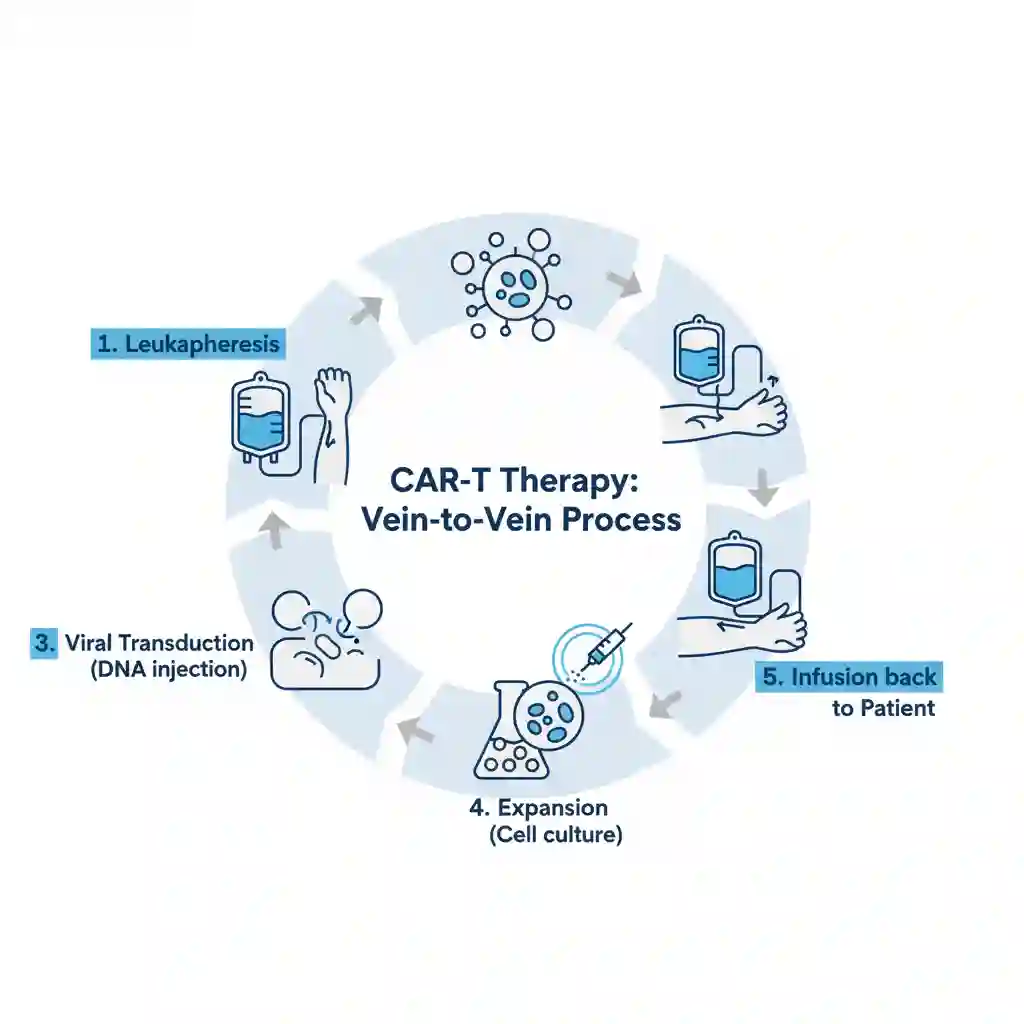 Diagram of the autologous CAR-T cell therapy manufacturing process from leukapheresis to patient infusion.